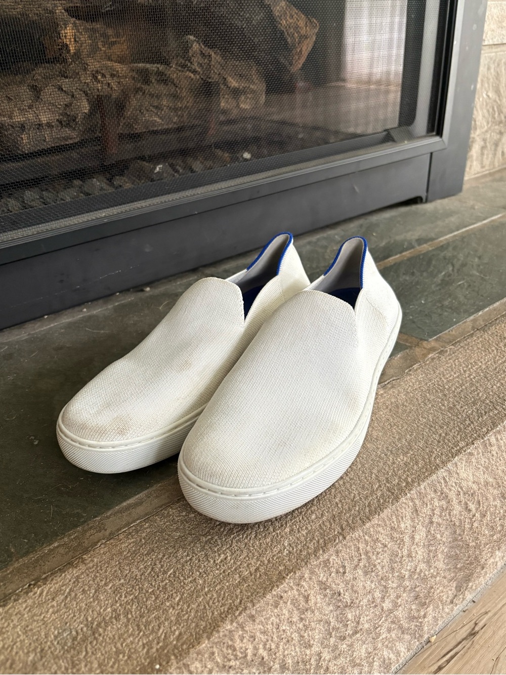 Rothy's White Slip-On Flats with Blue Trim